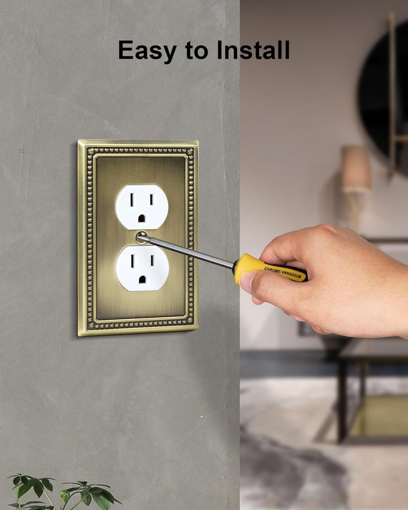 treewell 2-Pack Duplex Outlet Cover Plate, Antique Brass Metal Wall Plates for Electrical Outlets, 1 Gang Receptacle Cover, Pearls Decorative Switch Plates and Outlet Covers - Image 5